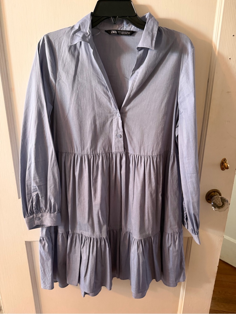 Zara Pale Blue Tiered Shirt Mini Dress